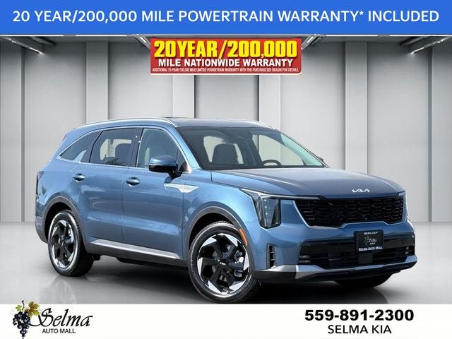 2026 Kia Sorento Hybrid EX in Mineral Blue — front three-quarter view